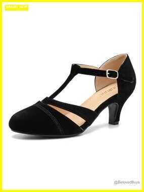 Women's T-Strap Mary Jane Pumps Velvet Kitten Heel Dress Shoes